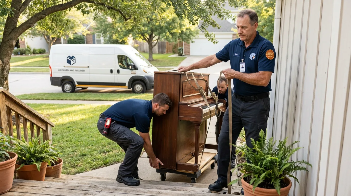 Licensed piano movers securing grand piano in Luquillo, PR
